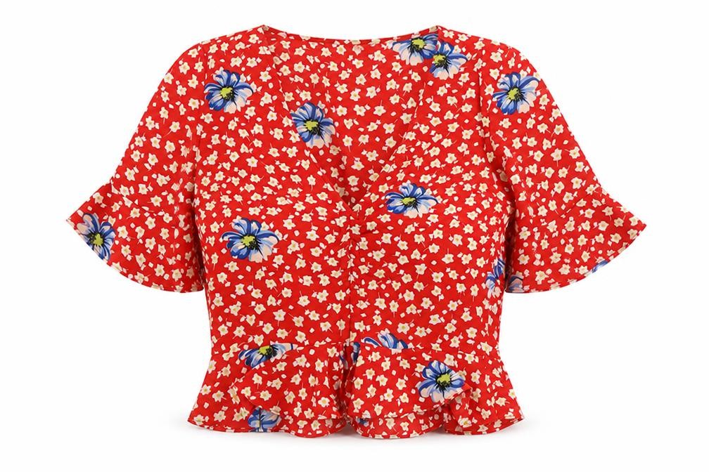 Topshop Womens Red Floral Polyester Basic Blouse Size 6 V-Neck