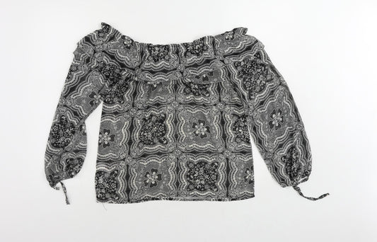 Apricot Womens Black Paisley Polyester Basic Blouse Size 10 Off the Shoulder - Sheer