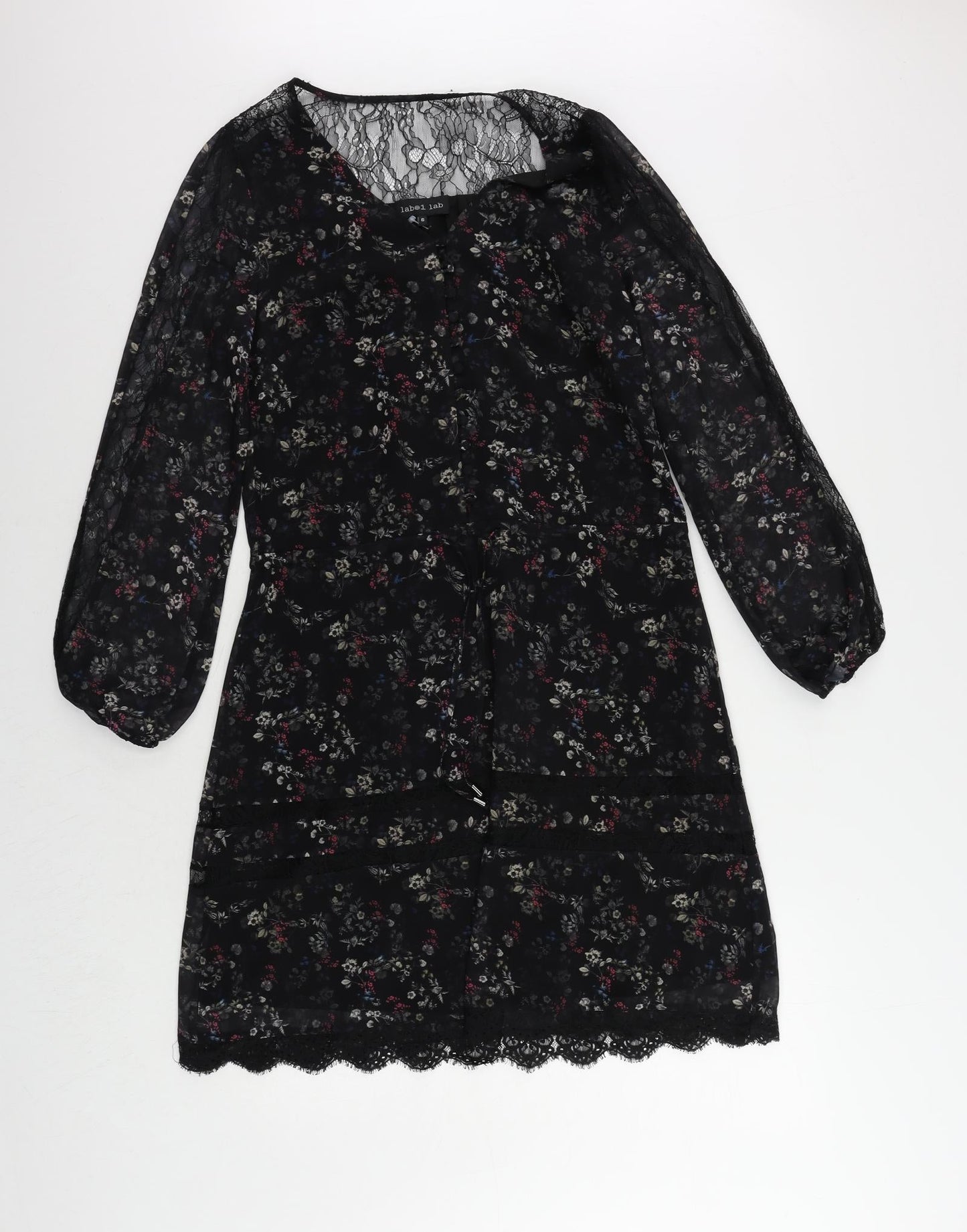 Label Lab Womens Black Floral Polyester A-Line Size 6 V-Neck Button - Lace Detail