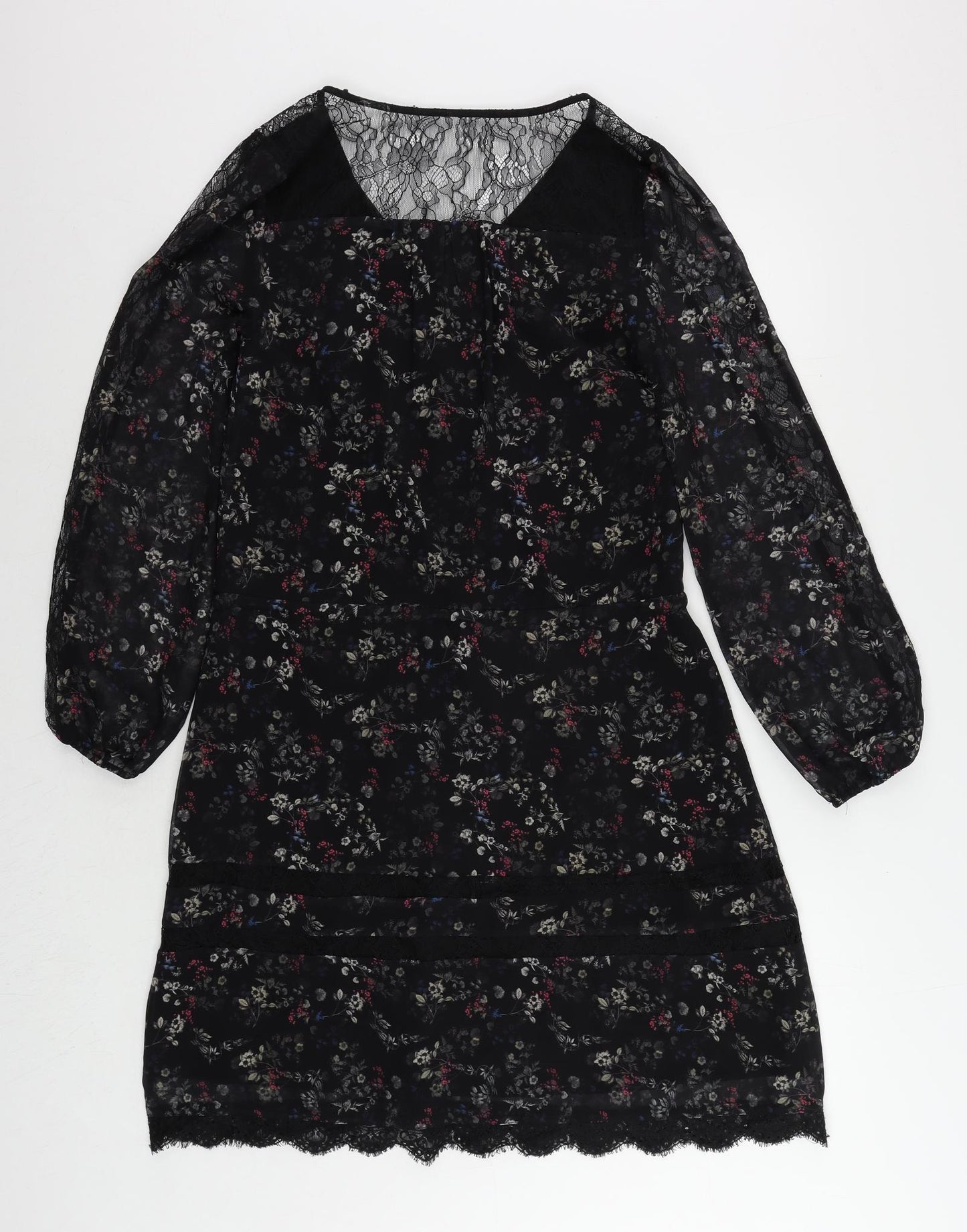 Label Lab Womens Black Floral Polyester A-Line Size 6 V-Neck Button - Lace Detail