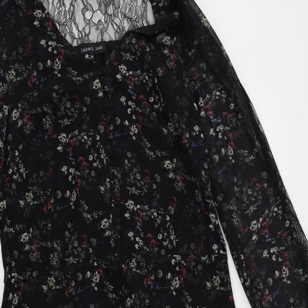 Label Lab Womens Black Floral Polyester A-Line Size 6 V-Neck Button - Lace Detail