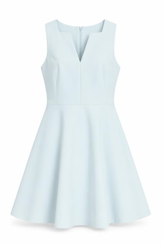 Front view of Miss Selfridge women’s blue polyester skater dress, size UK 14, v-neck zip
