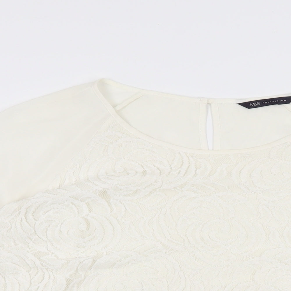 Marks and Spencer Womens White Floral Polyester Basic Blouse Size 16 Round Neck