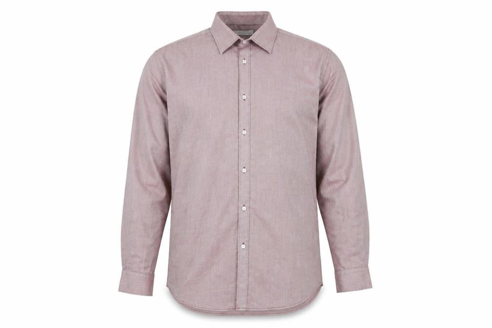 Front view of Red Herring men’s red polyester dress shirt, size 42, collared button