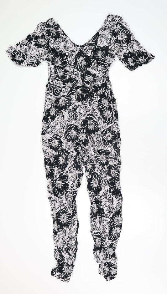 Neon Rose Womens Black Floral Viscose Jumpsuit One-Piece Size 10 L28 in Zip