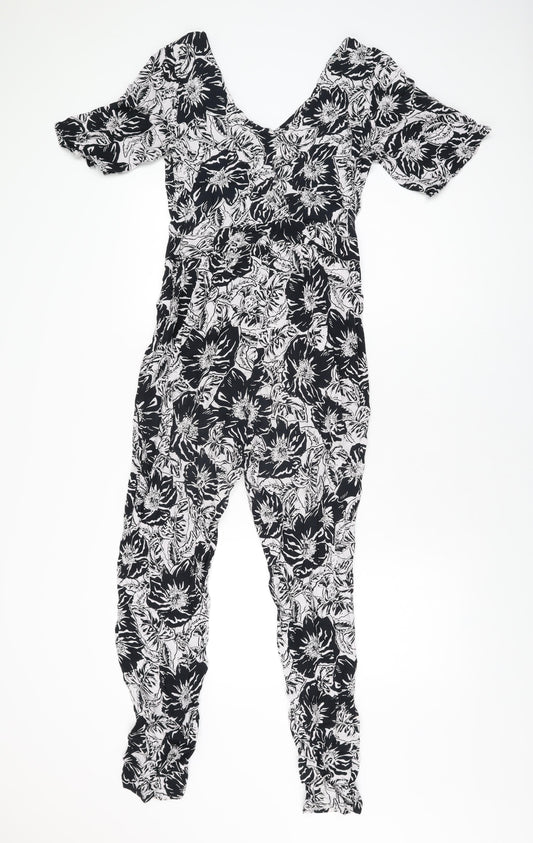 Neon Rose Womens Black Floral Viscose Jumpsuit One-Piece Size 10 L28 in Zip