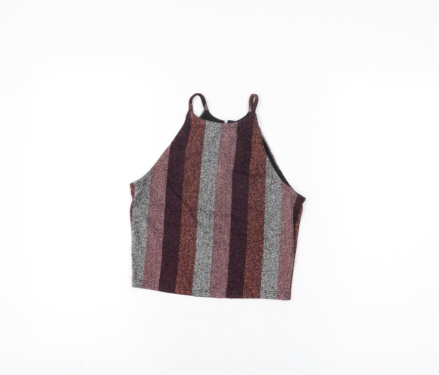 Topshop Womens Multicoloured Striped Polyester Cropped T-Shirt Size 8 Round Neck