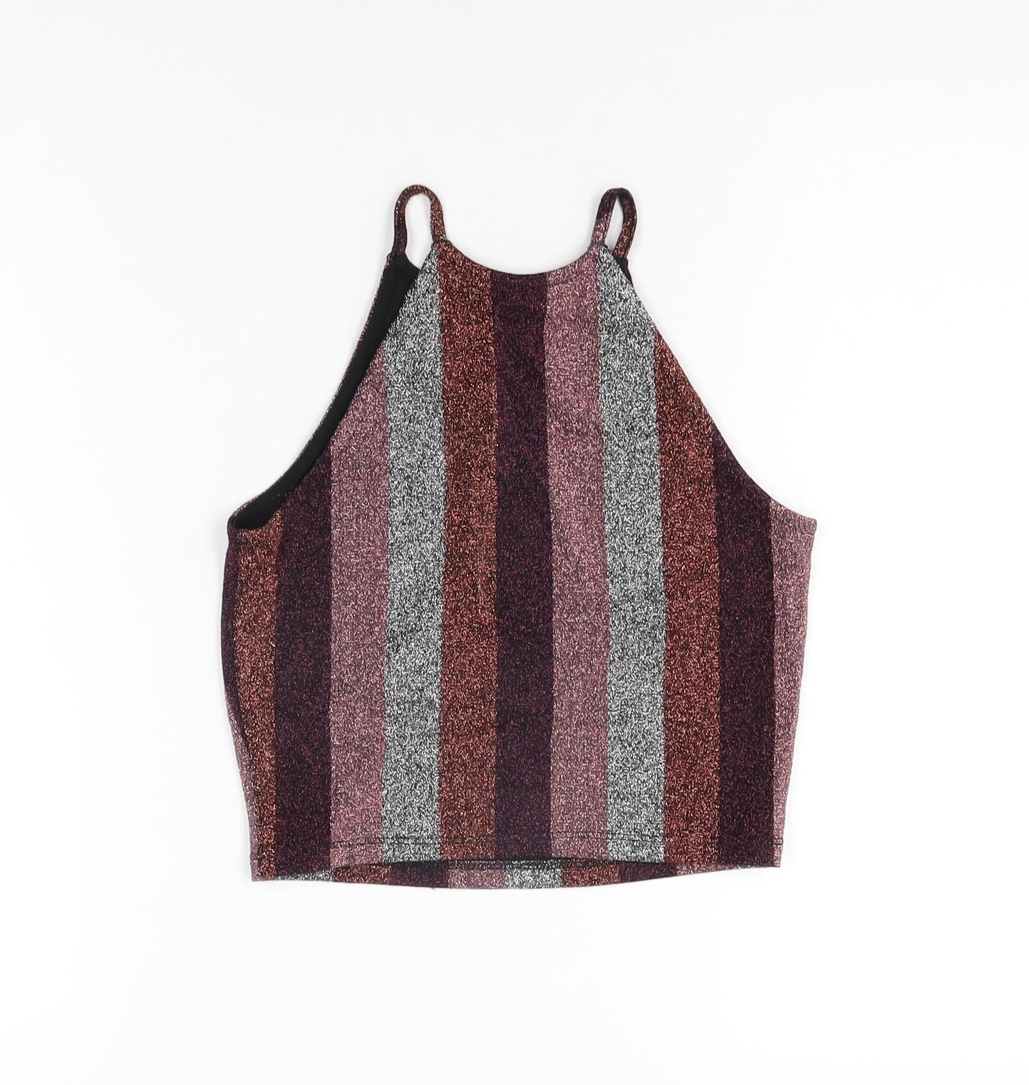 Topshop Womens Multicoloured Striped Polyester Cropped T-Shirt Size 8 Round Neck