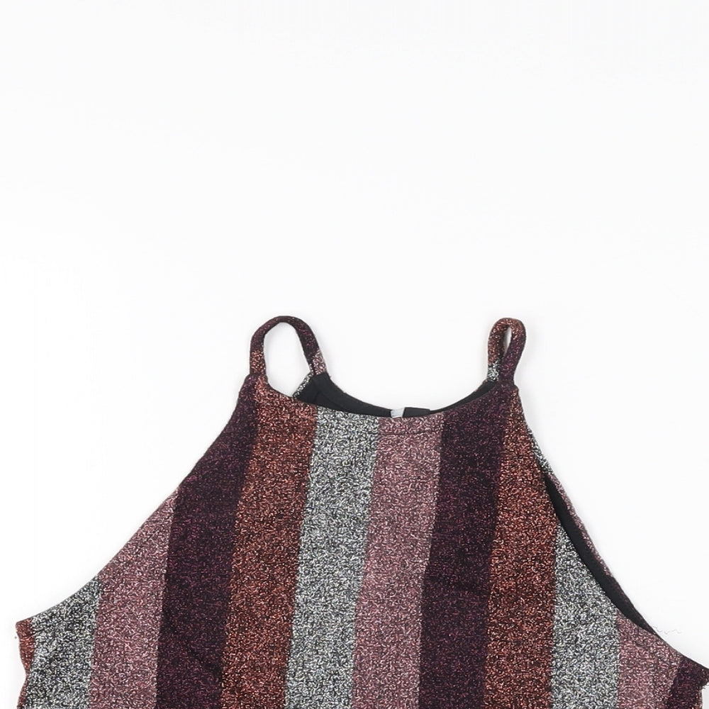 Topshop Womens Multicoloured Striped Polyester Cropped T-Shirt Size 8 Round Neck
