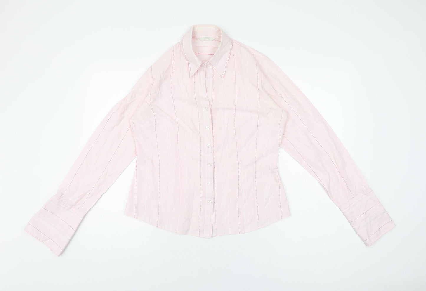 Marks and Spencer Womens Pink Striped Cotton Basic Button-Up Size 14 Collared