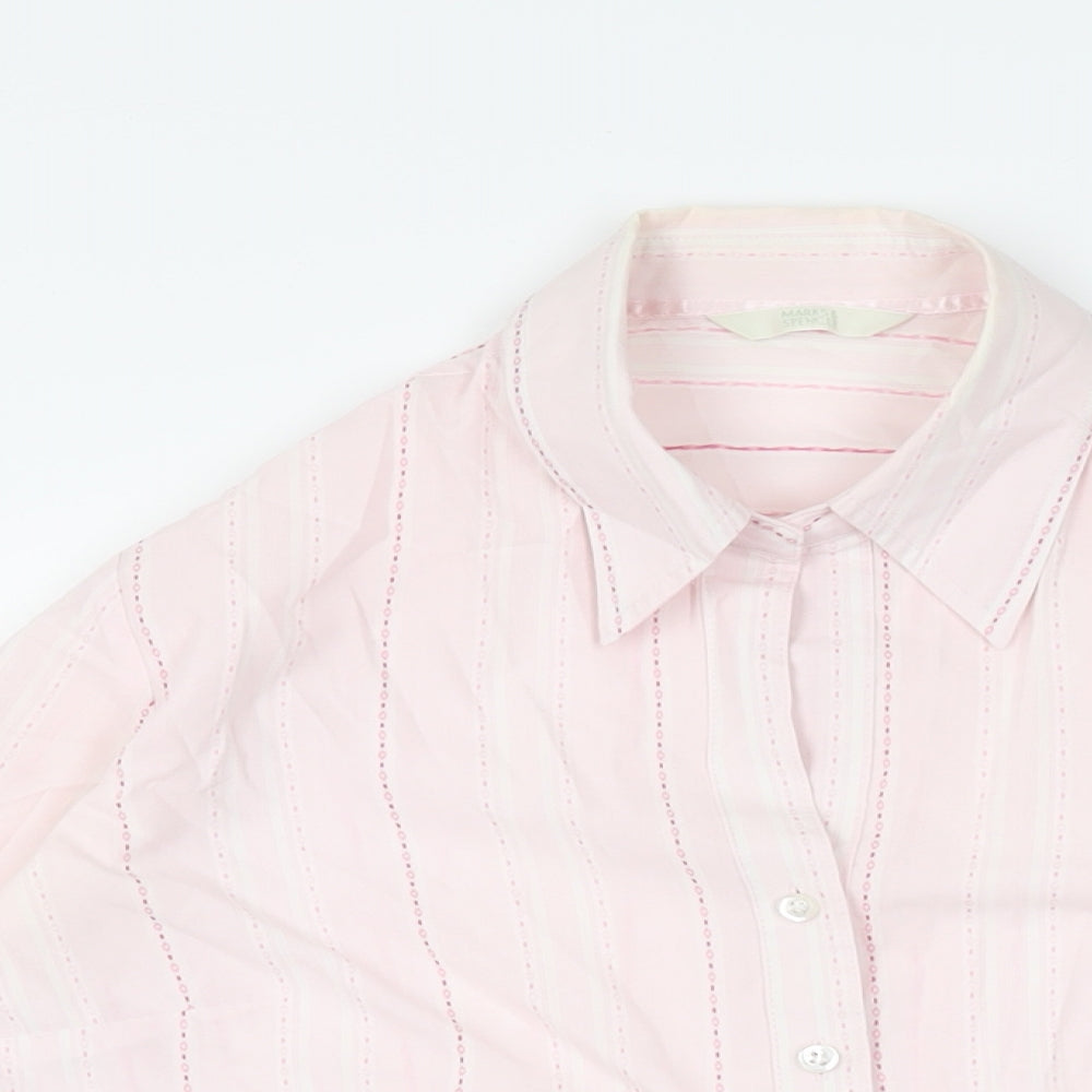 Marks and Spencer Womens Pink Striped Cotton Basic Button-Up Size 14 Collared