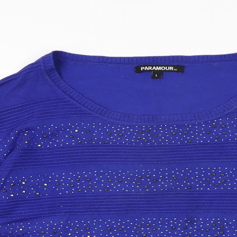 Paramour Womens Blue Geometric Viscose Basic T-Shirt Size L Round Neck