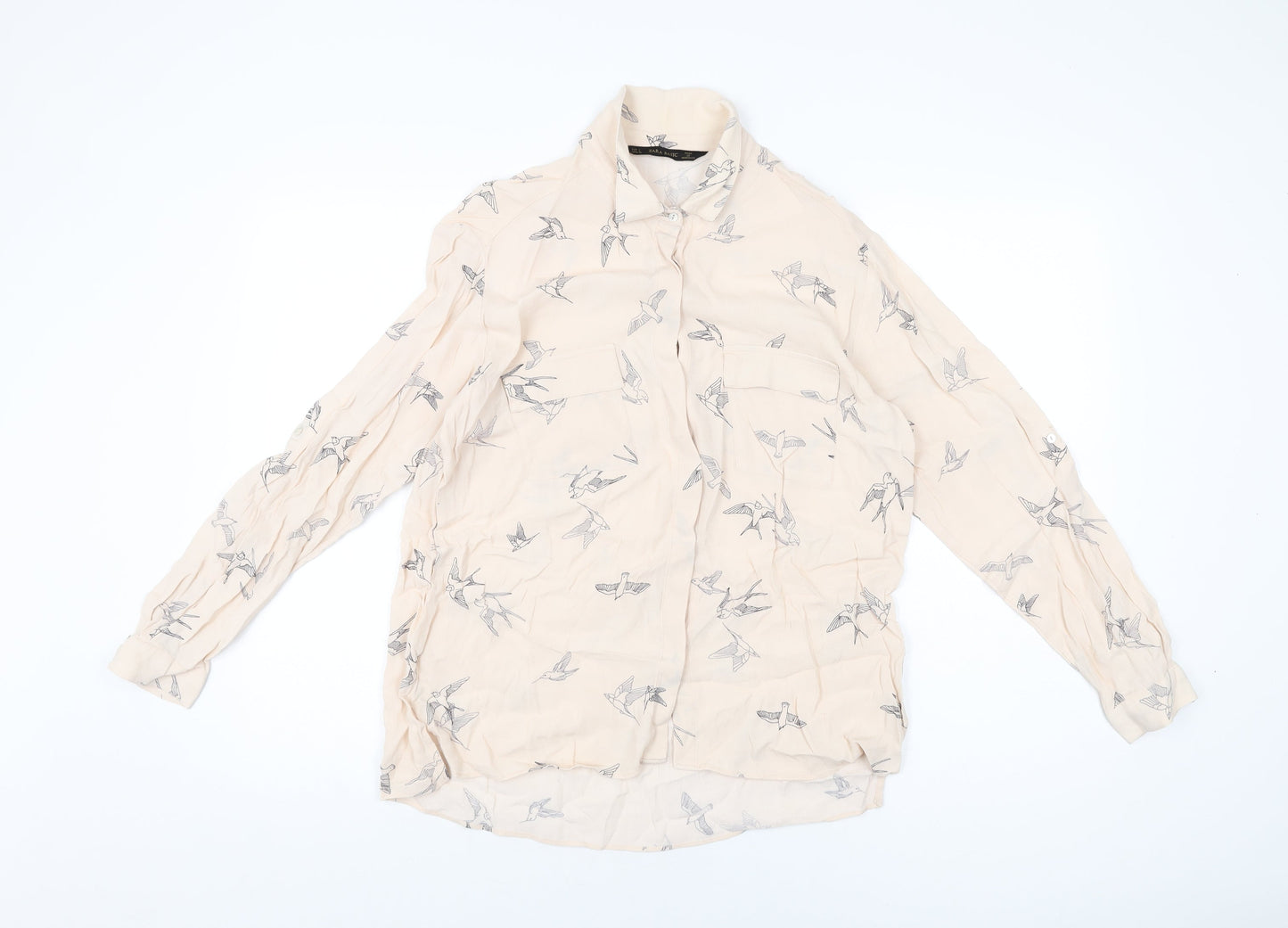 Zara Womens Pink Geometric Viscose Basic Button-Up Size L Collared - Bird Print