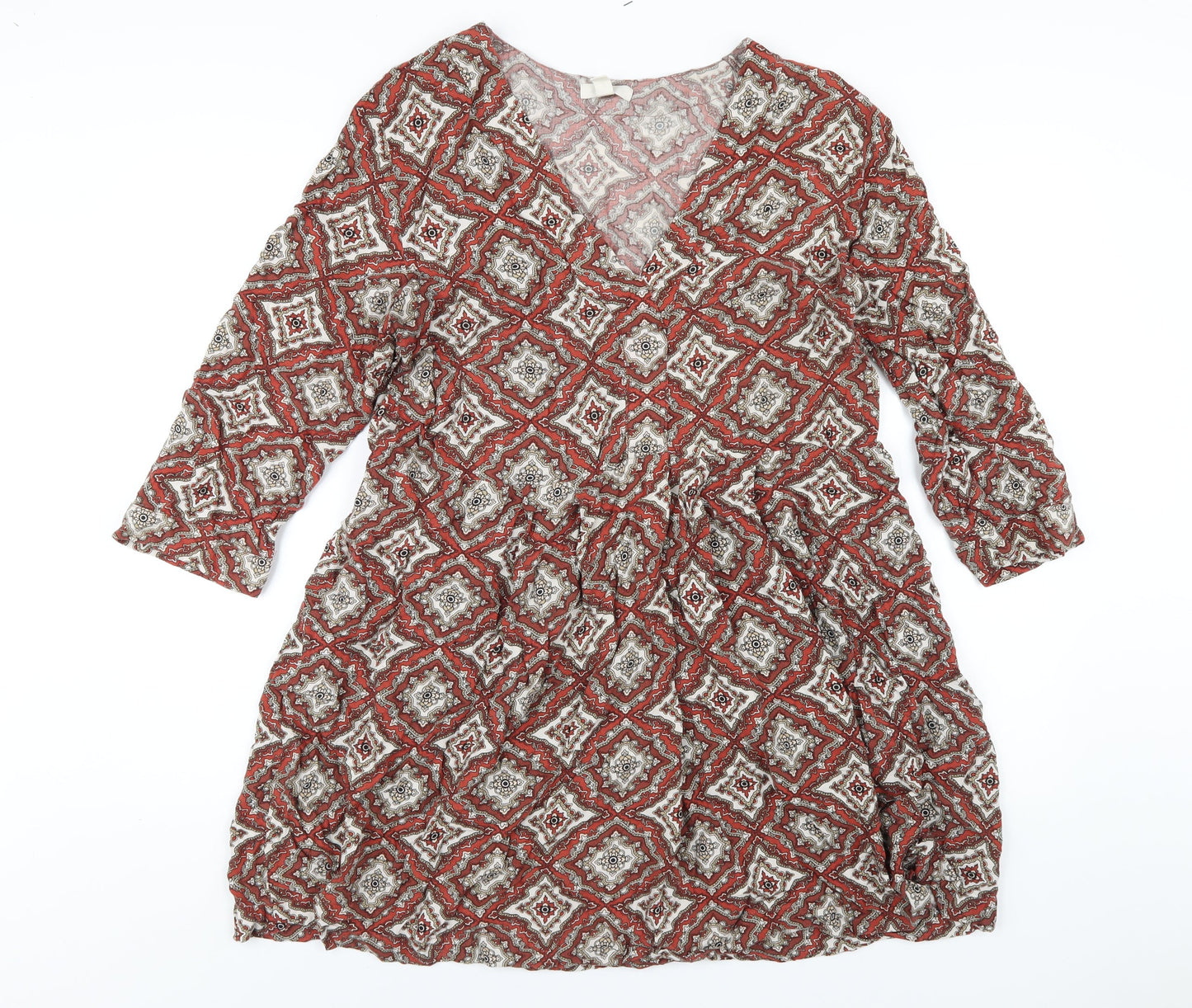 H&M Womens Orange Geometric Viscose A-Line Size 12 V-Neck Pullover