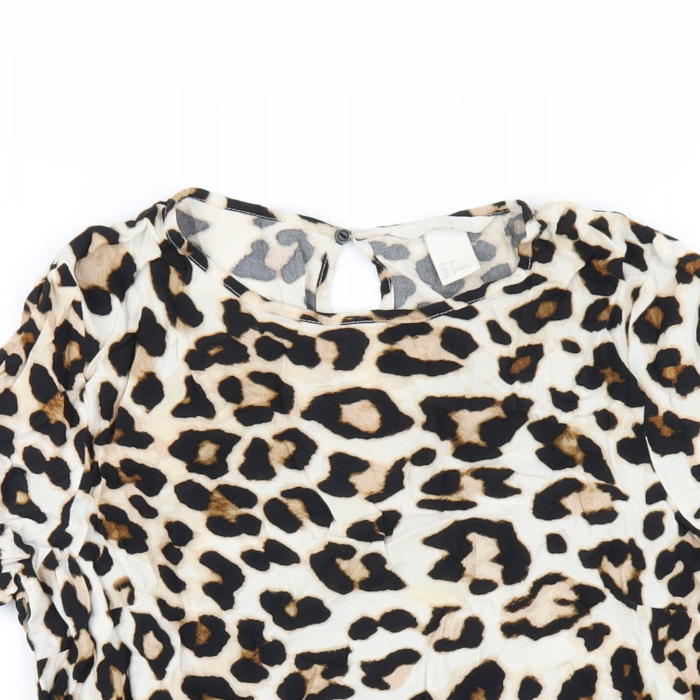 H&M Womens Brown Animal Print Viscose Basic T-Shirt Size 10 Round Neck - Leopard Print