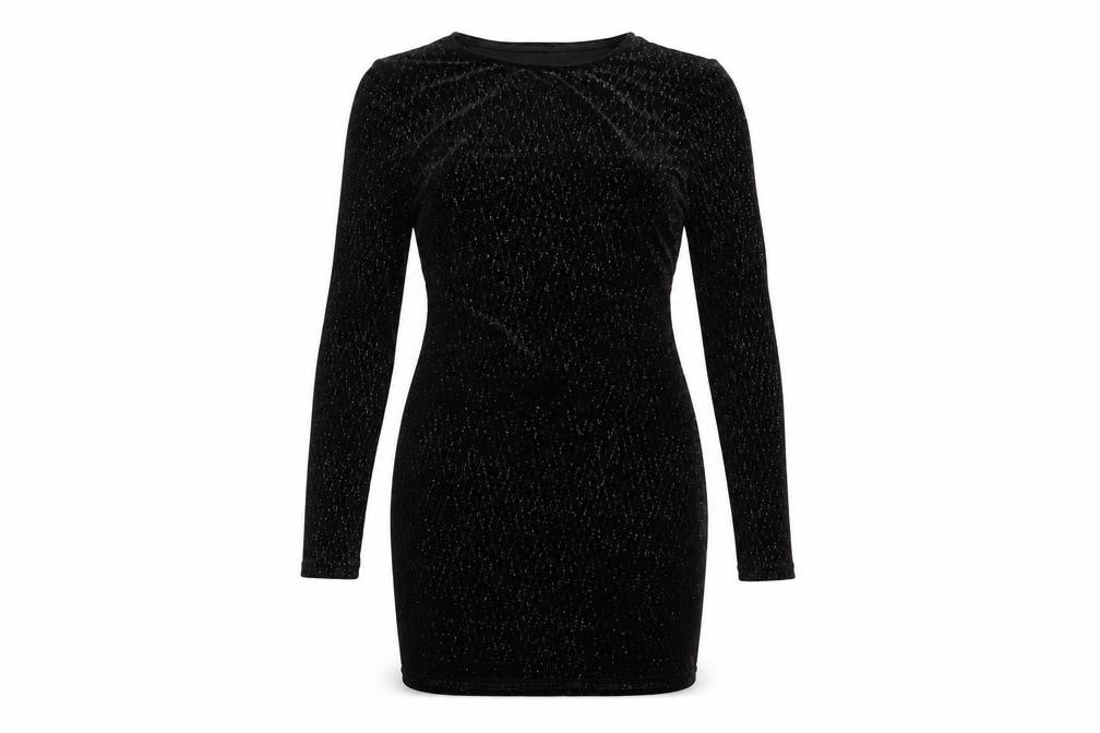 Front view of In the Style women’s black polyester bodycon, size UK 10, round neck pullover