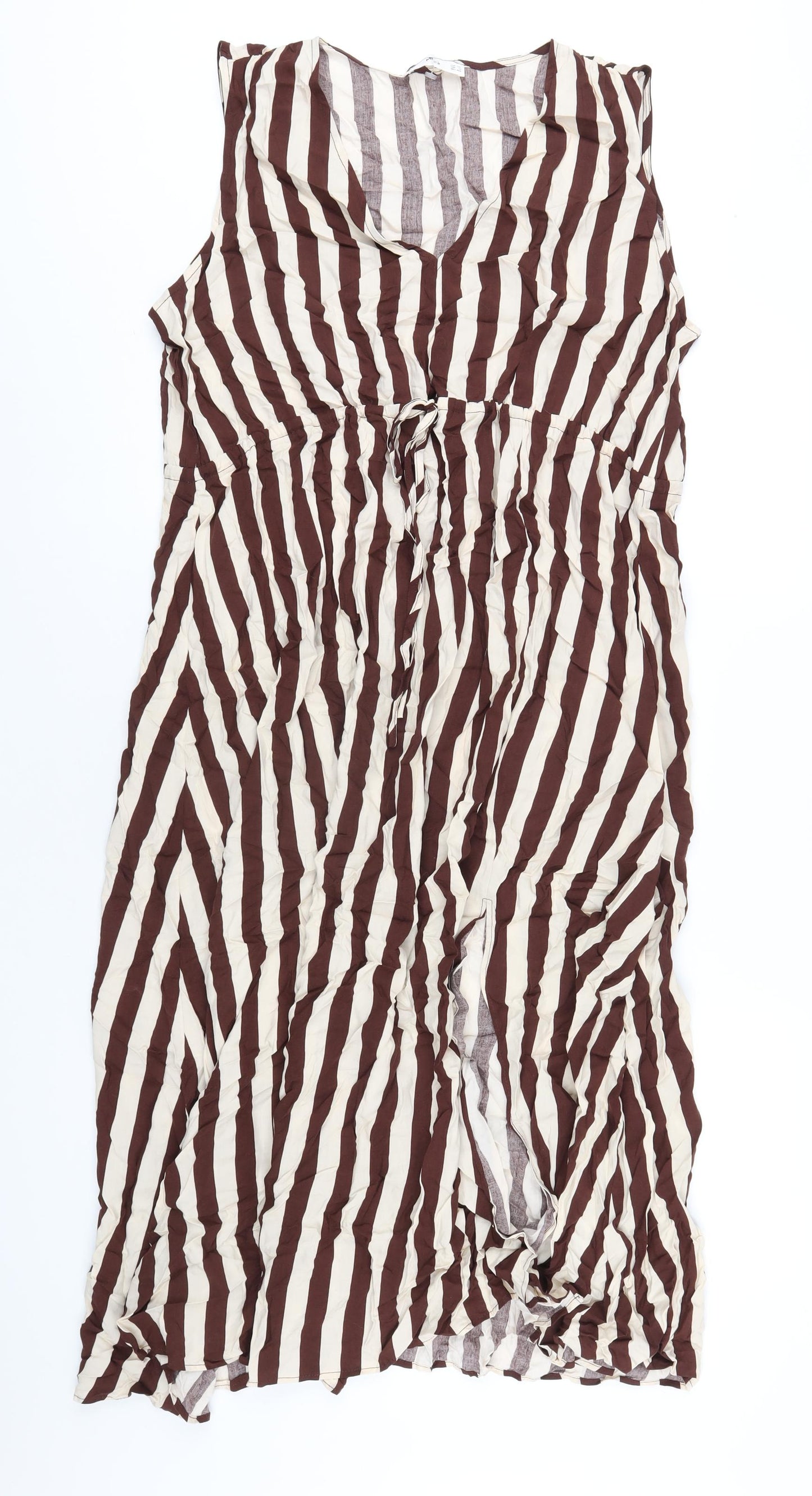 Mango Womens Brown Striped Viscose A-Line Size 2XL V-Neck Pullover