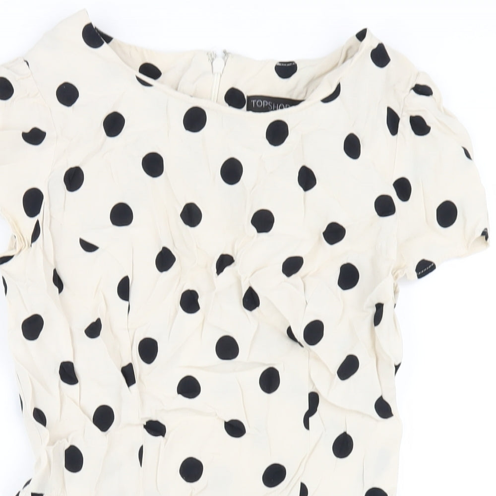 Topshop Womens Ivory Polka Dot Viscose A-Line Size 6 Round Neck Zip