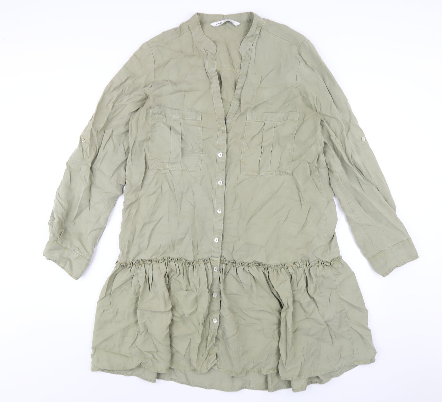 Zara Womens Green Lyocell A-Line Size M V-Neck Button