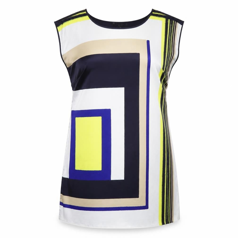 Front view of Principles women’s multicoloured geometric polyester t-shirt dress, size UK 16, round neck pullover