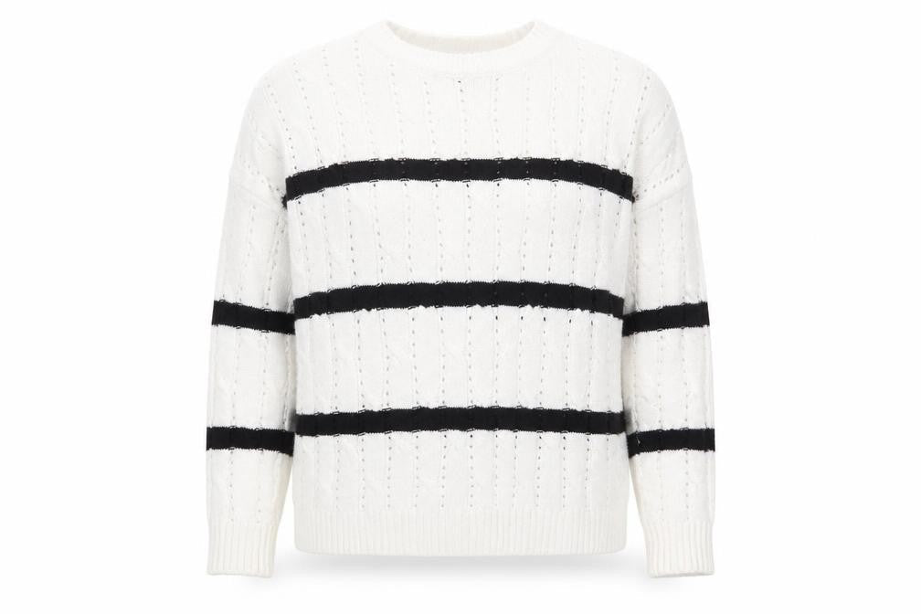 New Look Womens White Crew Neck Striped Acrylic Pullover Jumper Size XS