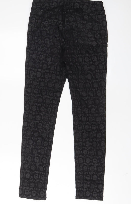NEXT Womens Black Fair Isle Cotton Trousers Size 8 L28 in Regular Zip