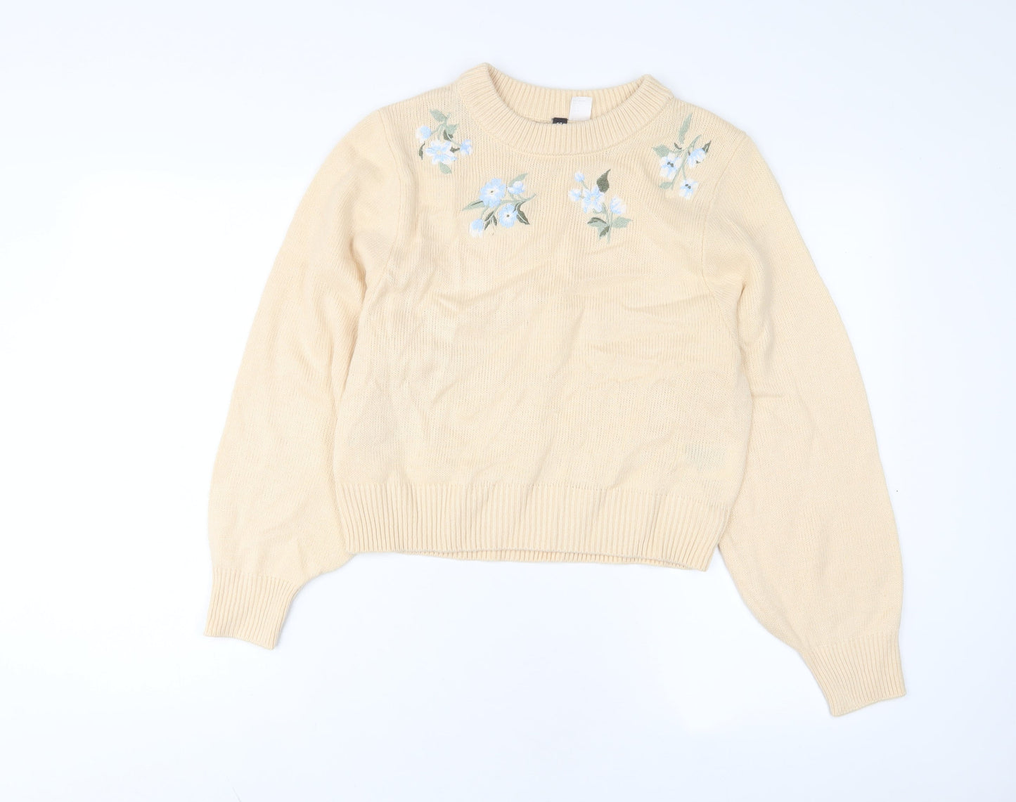H&M Womens Beige Crew Neck Acrylic Pullover Jumper Size S - Embroidered