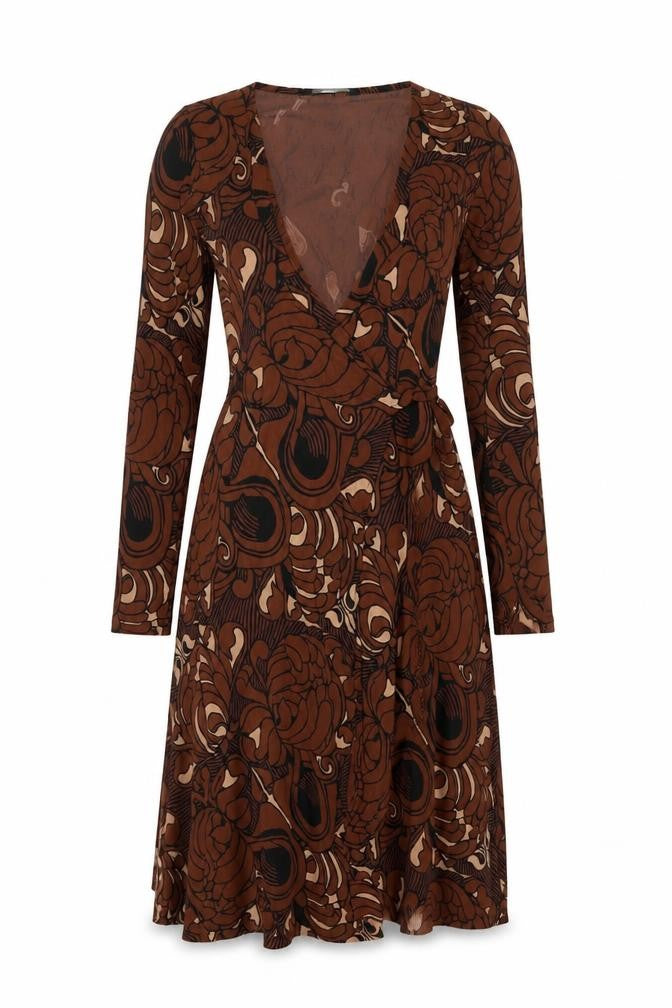 French Connection Womens Brown Geometric Viscose Wrap Dress Size 8 V-Neck Tie