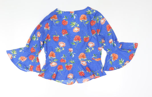 Jane Norman Womens Blue Floral Polyester Basic Blouse Size 14 V-Neck - Bell Sleeve Peplum