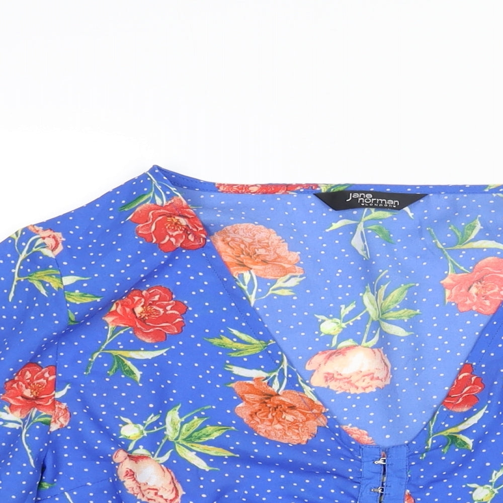 Jane Norman Womens Blue Floral Polyester Basic Blouse Size 14 V-Neck - Bell Sleeve Peplum