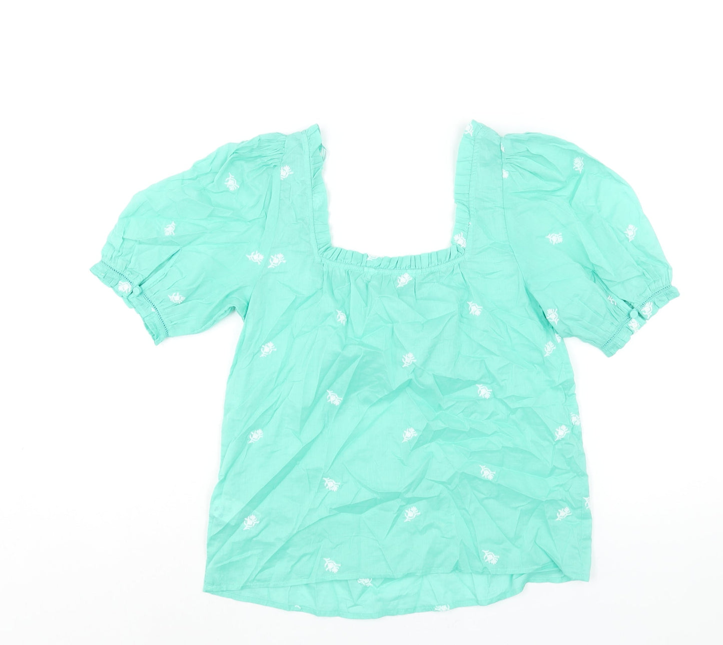 Per Una Womens Green Cotton Basic Blouse Size 6 Square Neck - Embroidered Detail Frill