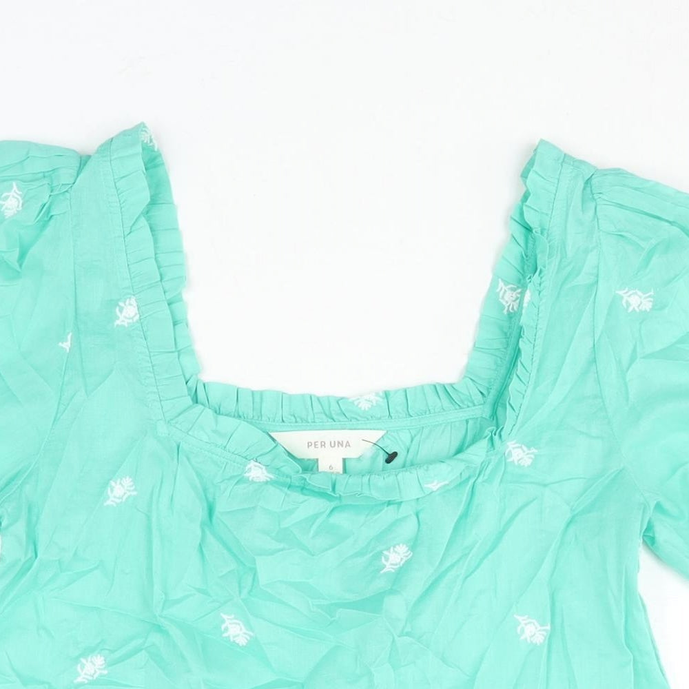 Per Una Womens Green Cotton Basic Blouse Size 6 Square Neck - Embroidered Detail Frill