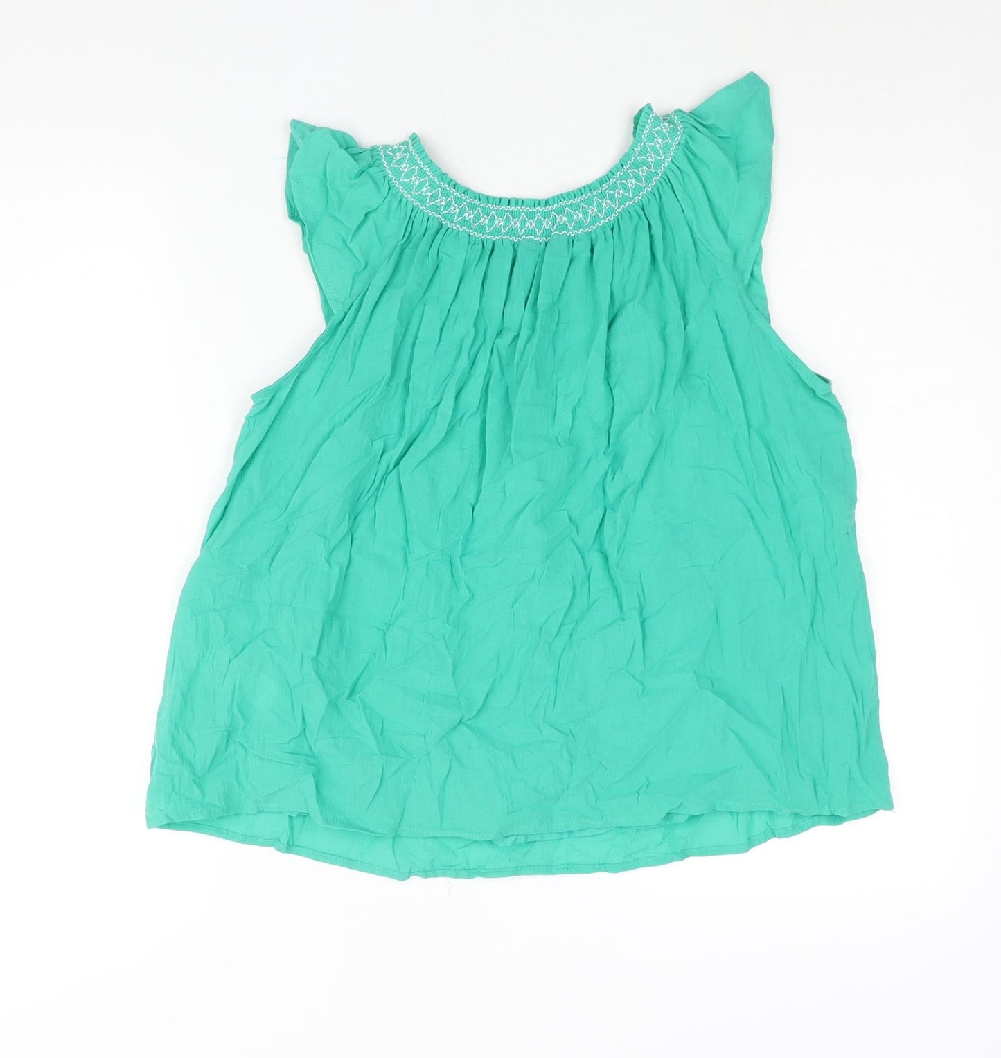 Marks and Spencer Womens Green Cotton Basic Blouse Size 6 Round Neck - Rouched Embroidered Neckline