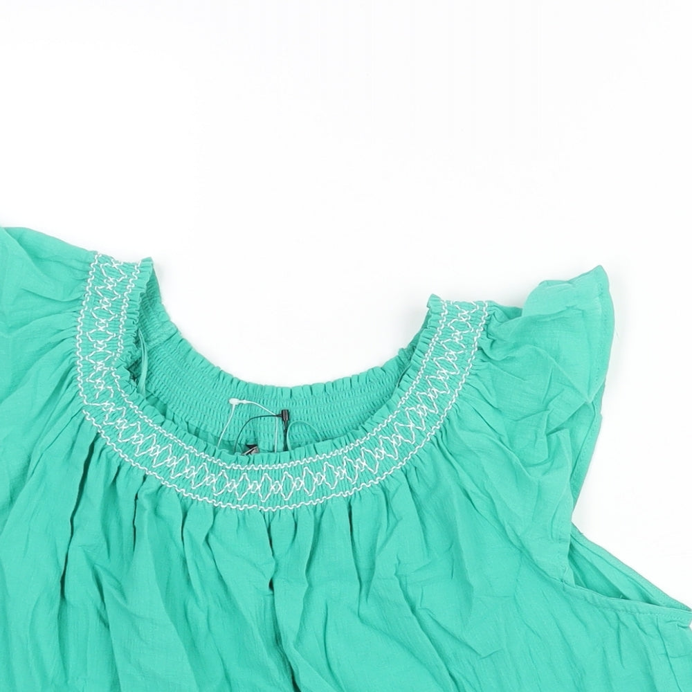 Marks and Spencer Womens Green Cotton Basic Blouse Size 6 Round Neck - Rouched Embroidered Neckline