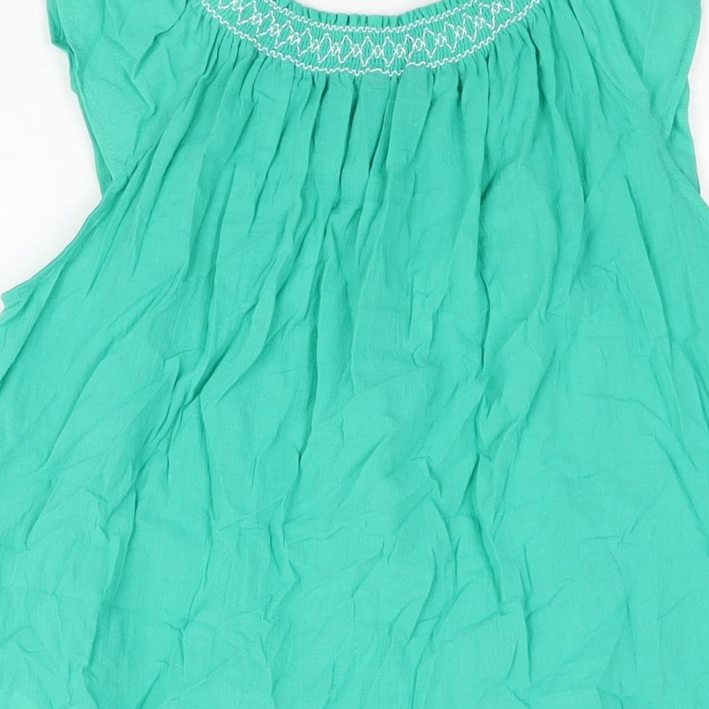 Marks and Spencer Womens Green Cotton Basic Blouse Size 6 Round Neck - Rouched Embroidered Neckline