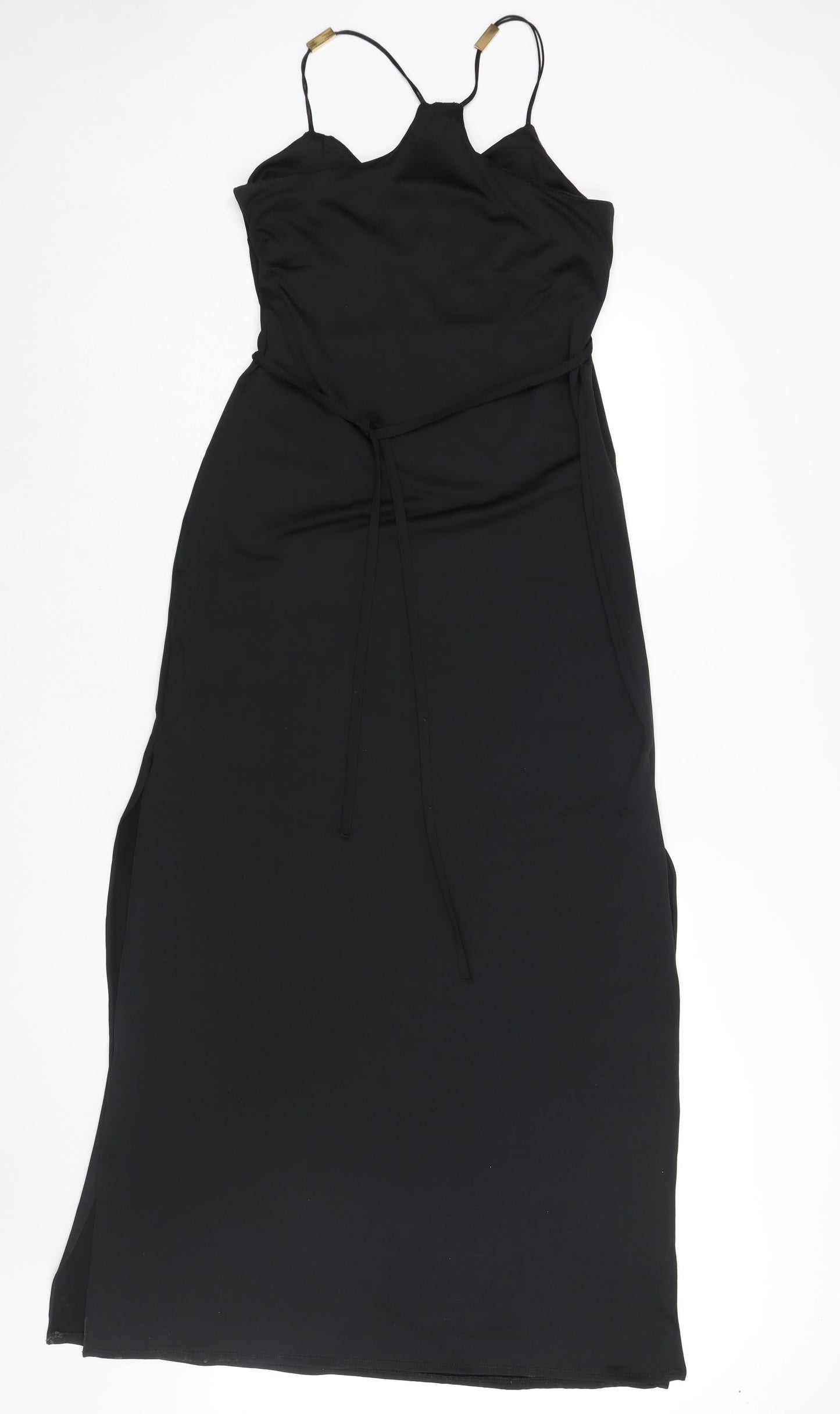 River Island Womens Black Polyester Maxi Size 10 V-Neck Pullover - Side Slits Belted