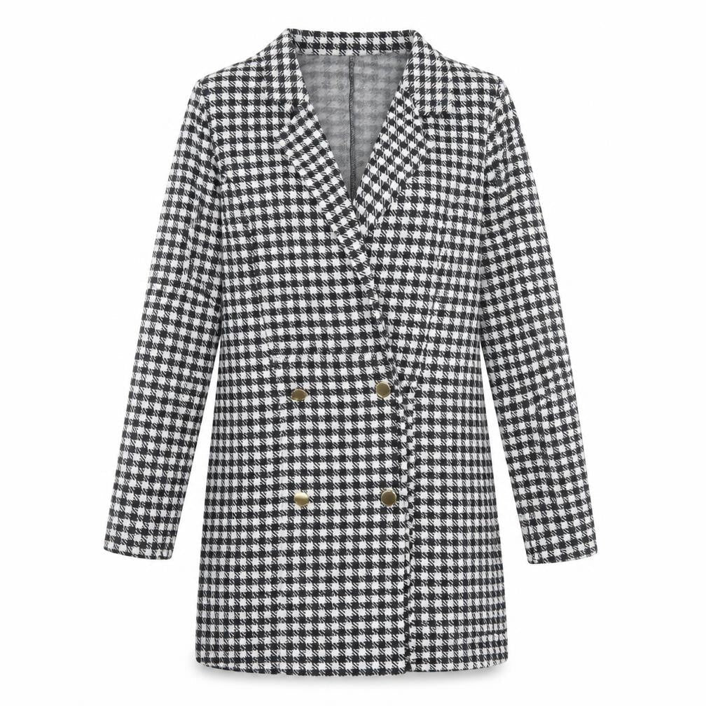 Front view of ASOS women’s black check polyester jacket dress, size UK 12, collared button