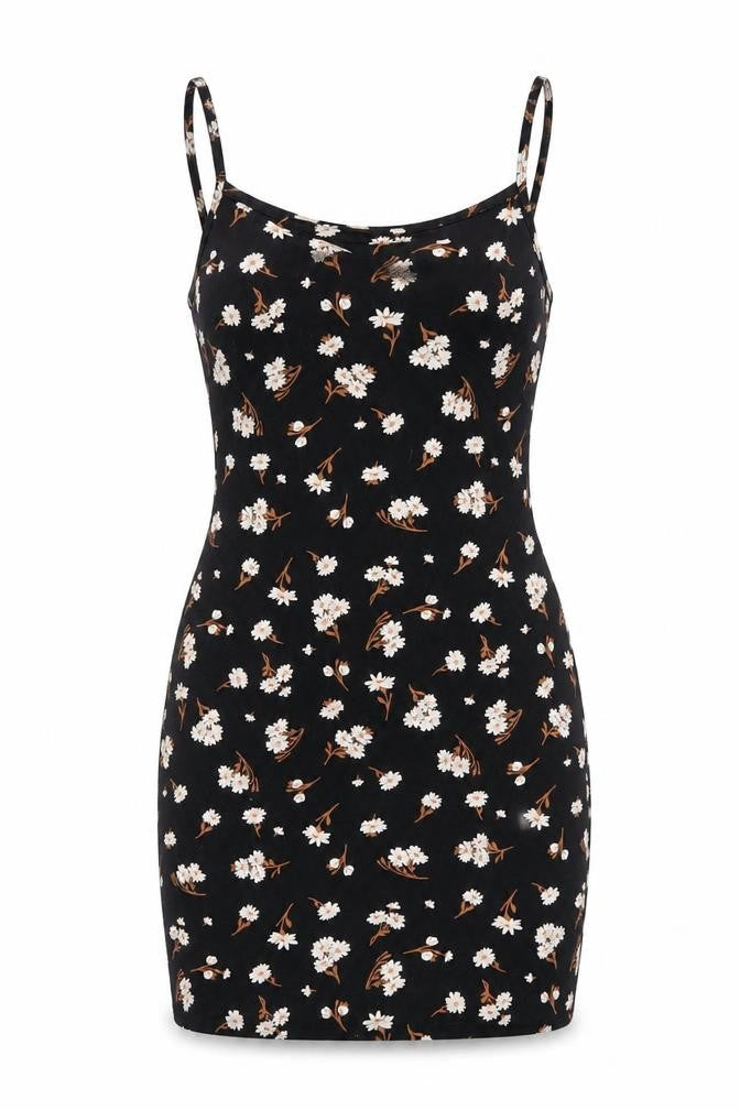 Front view of Miss Selfridge women’s black floral cotton bodycon, size UK 10, square neck pullover