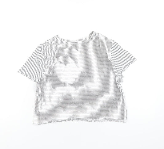 M&Co Girls White Striped Cotton Cropped T-Shirt Size 13 Years Round Neck Pullover