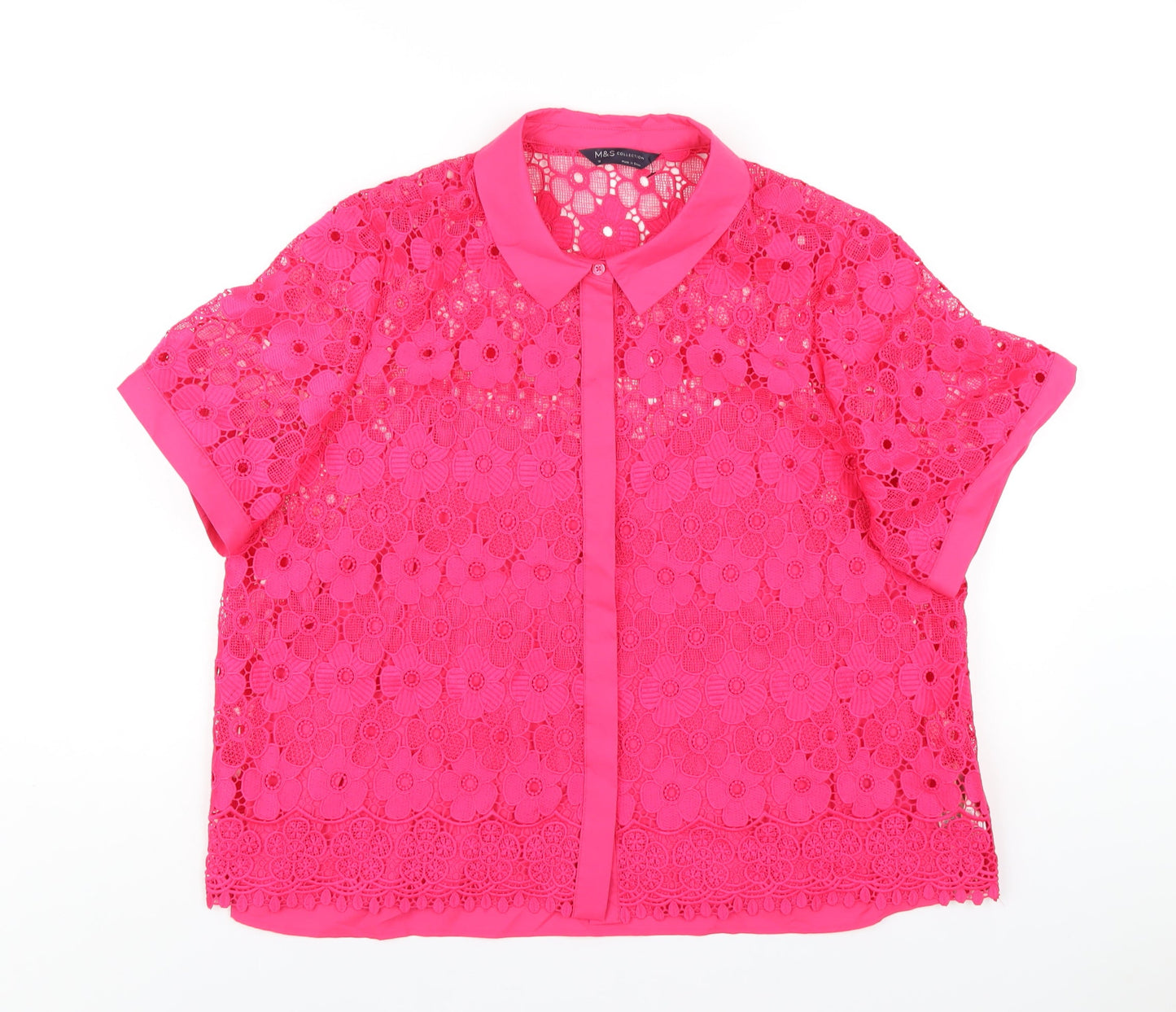 Marks and Spencer Womens Pink Polyester Basic Button-Up Size 16 Collared