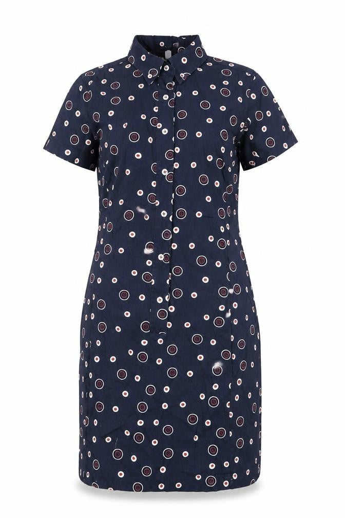 Front view of ESPRIT women’s blue geometric cotton shirt dress, size UK 12, collared button