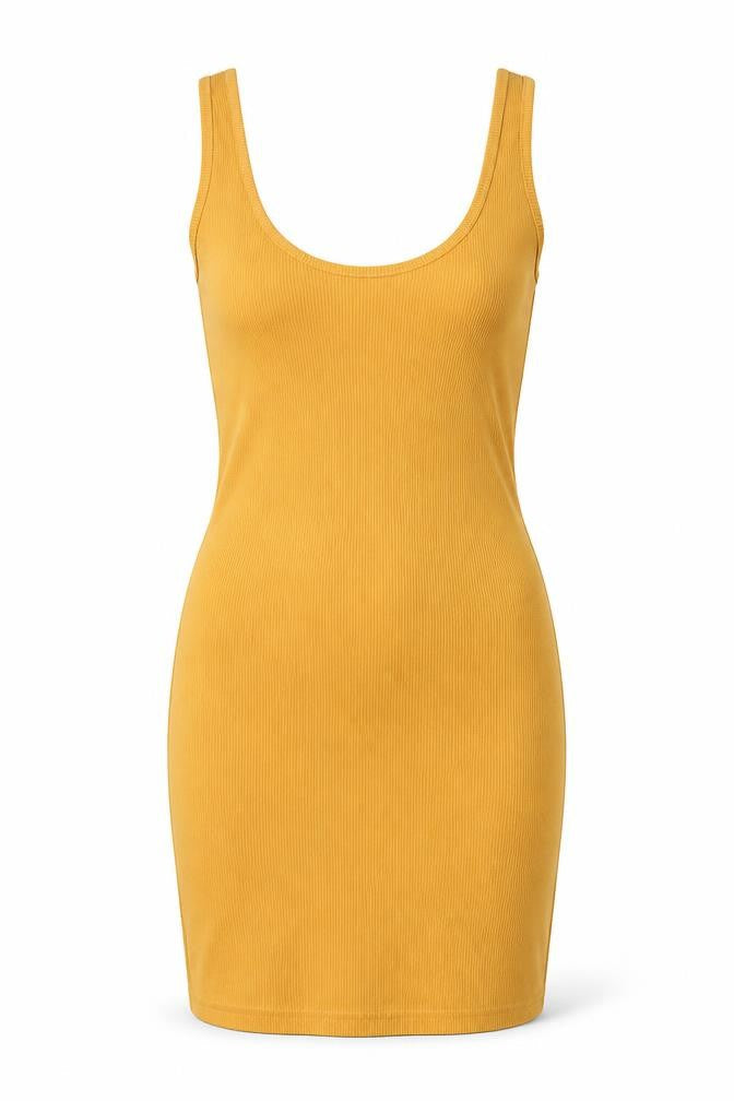 Front view of Missguided women’s yellow polyester bodycon, size UK 8, scoop neck pullover
