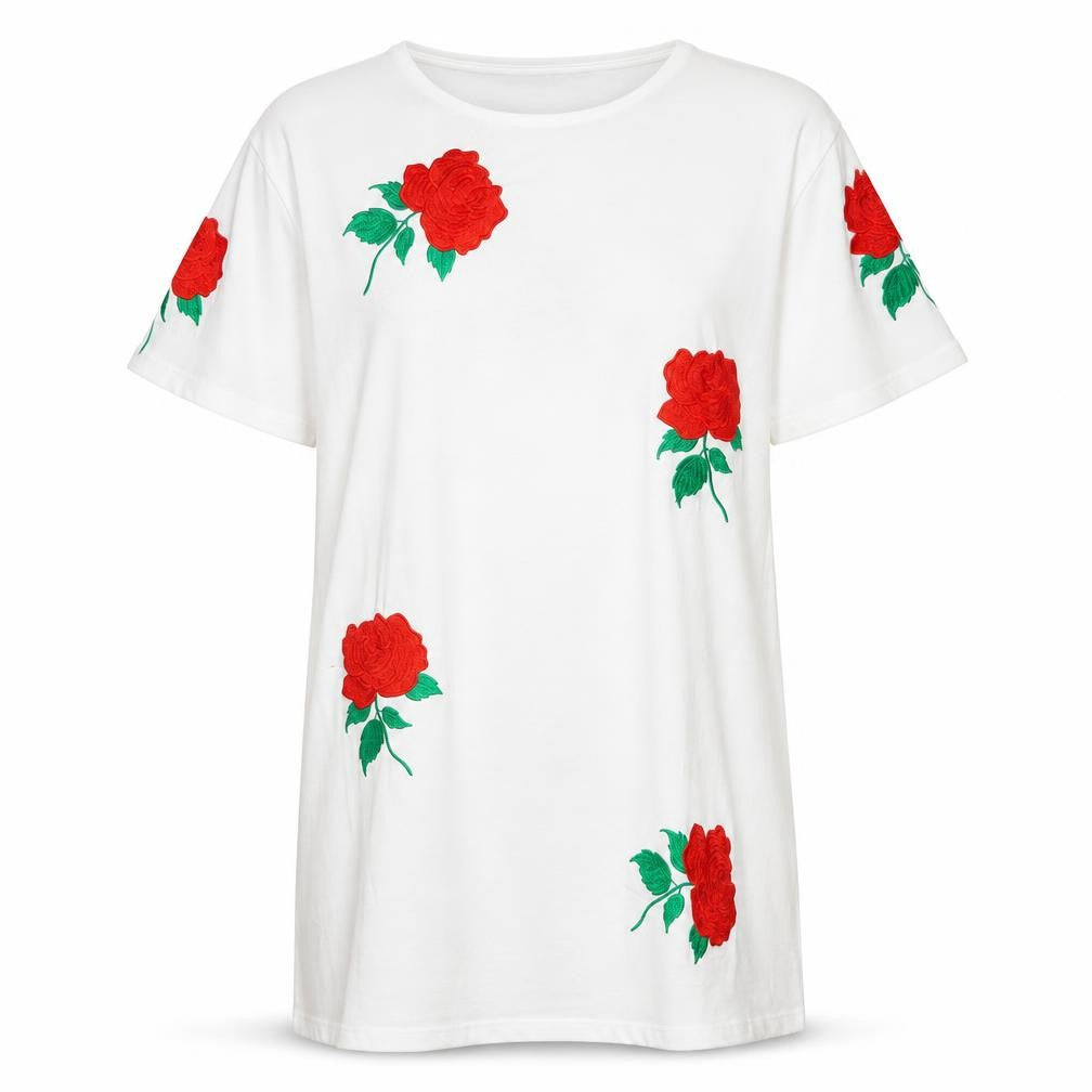 Front view of Missguided women’s white polyester t-shirt dress, size UK 10, round neck pullover - embraided flowers