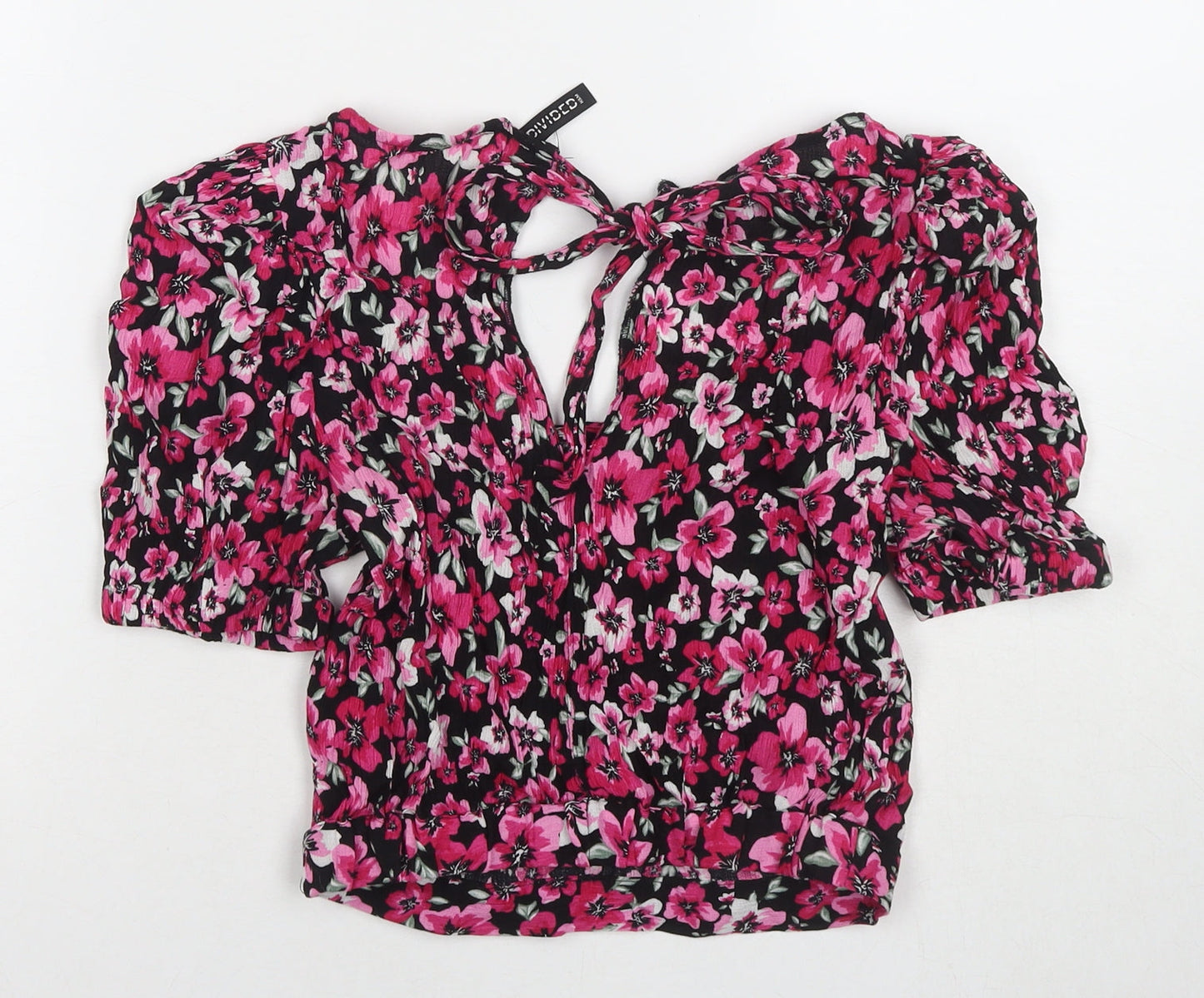 Divided by H&M Womens Pink Floral Viscose Cropped T-Shirt Size 8 V-Neck