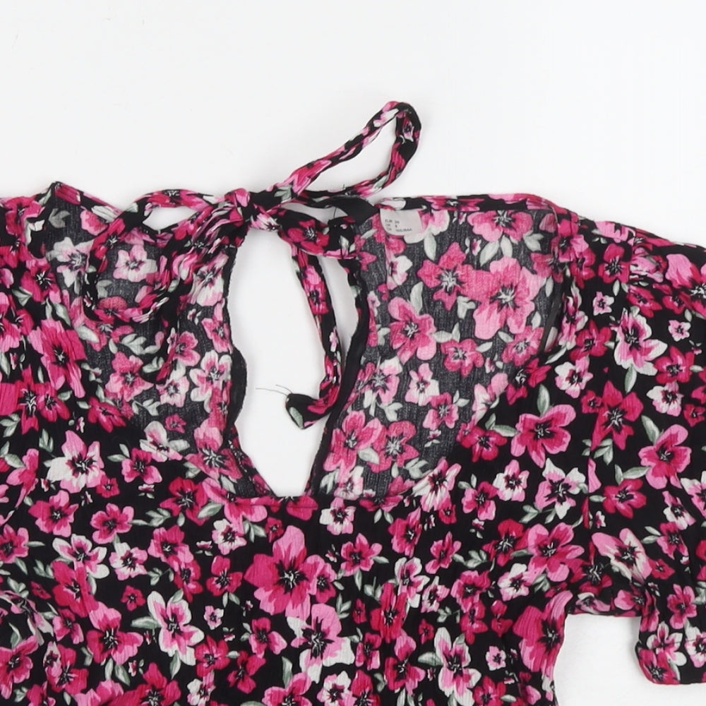 Divided by H&M Womens Pink Floral Viscose Cropped T-Shirt Size 8 V-Neck