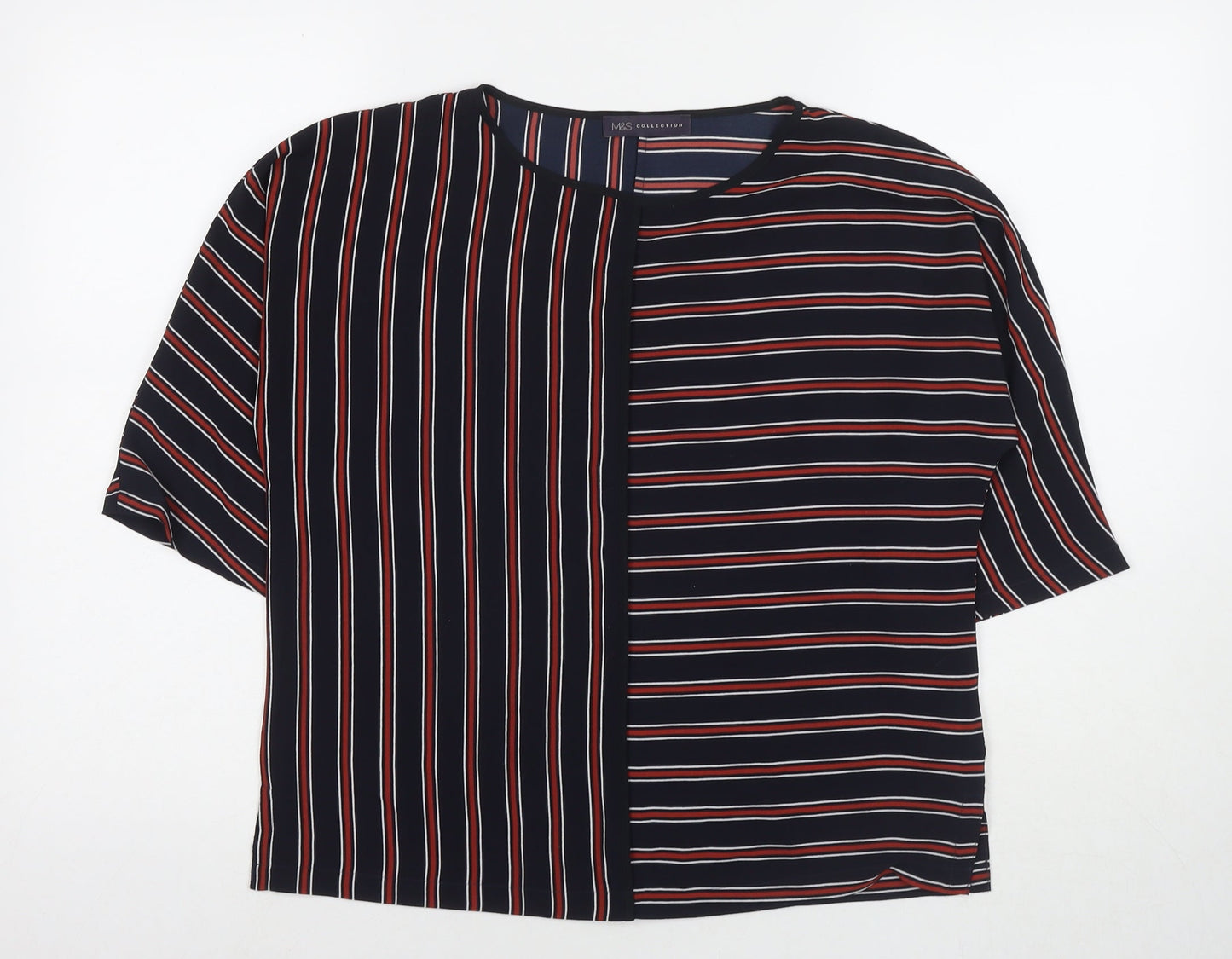 Marks and Spencer Womens Blue Striped Polyester Basic T-Shirt Size 10 Round Neck