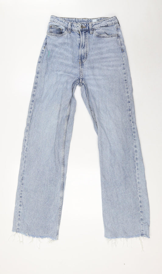 &Denim Womens Blue Cotton Wide-Leg Jeans Size 8 L31 in Regular Button - Raw Hem