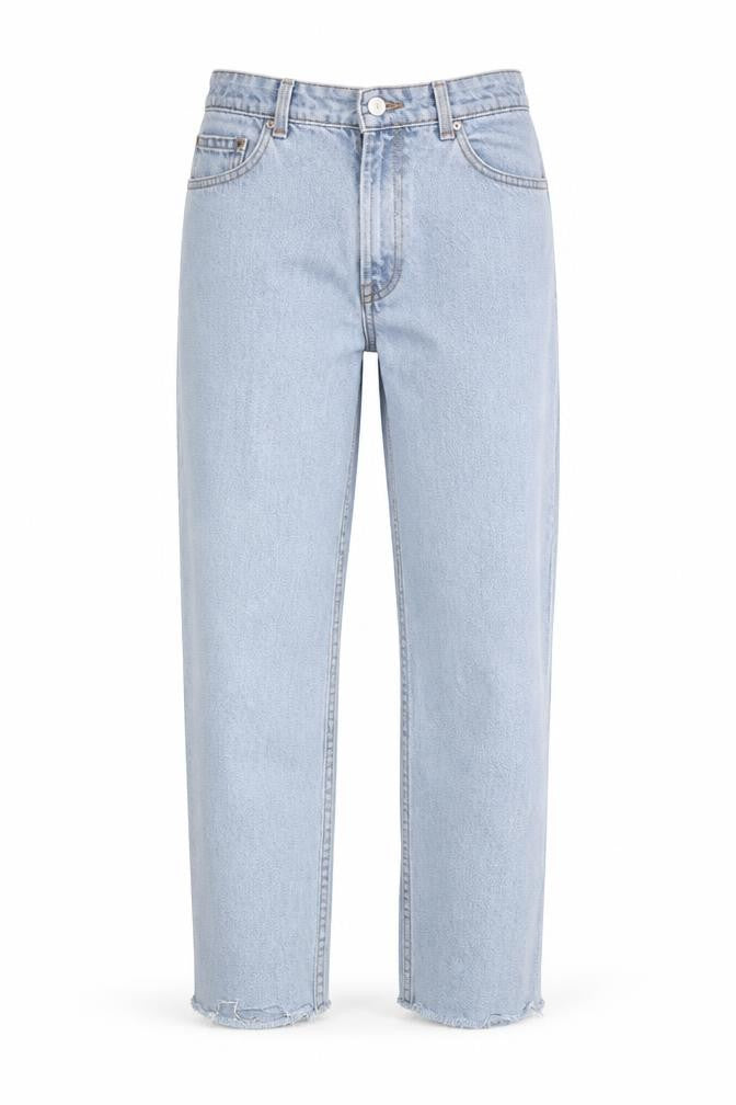 Front view of Denim & Co. women’s blue cotton blend straight jeans, size UK 10, 25.5-inch leg regular zip - raw hem