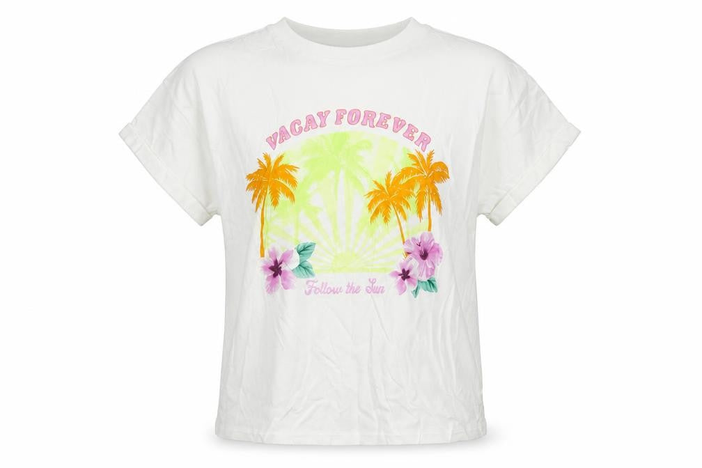 Front view of Marks & Spencer girls’ white cotton pullover t-shirt, size 10-11, years crew neck pullover - vacay
