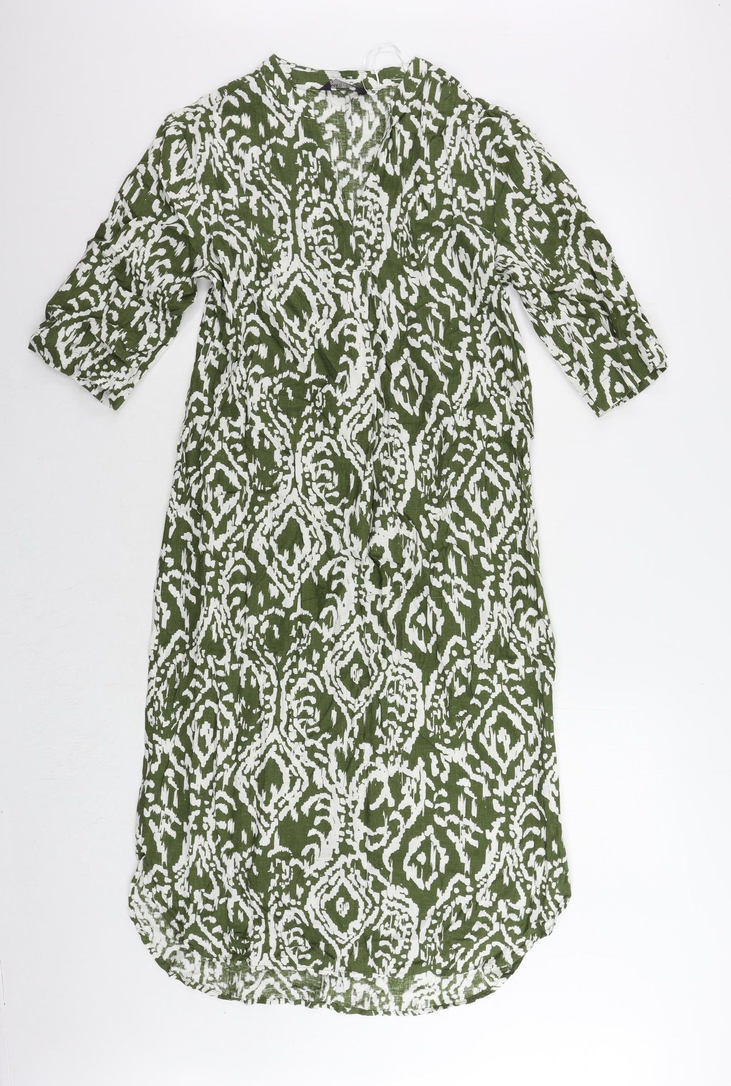 Marks and Spencer Womens Green Geometric Linen A-Line Size 8 V-Neck Pullover